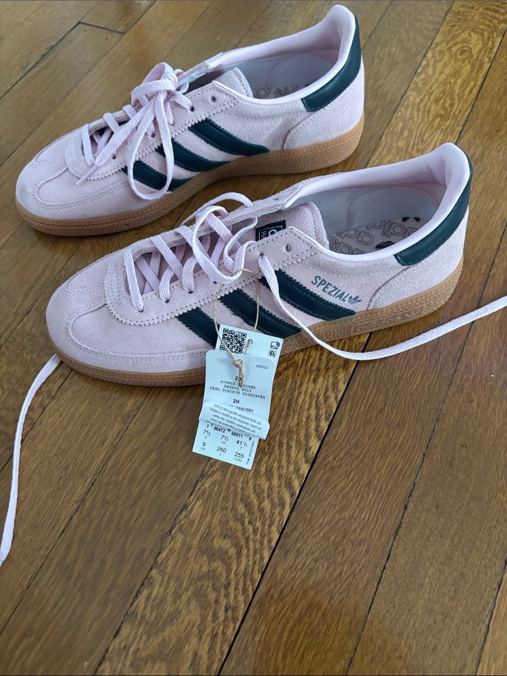 adidas Pink Suede Spezial Sneakers with Dark Green Stripes